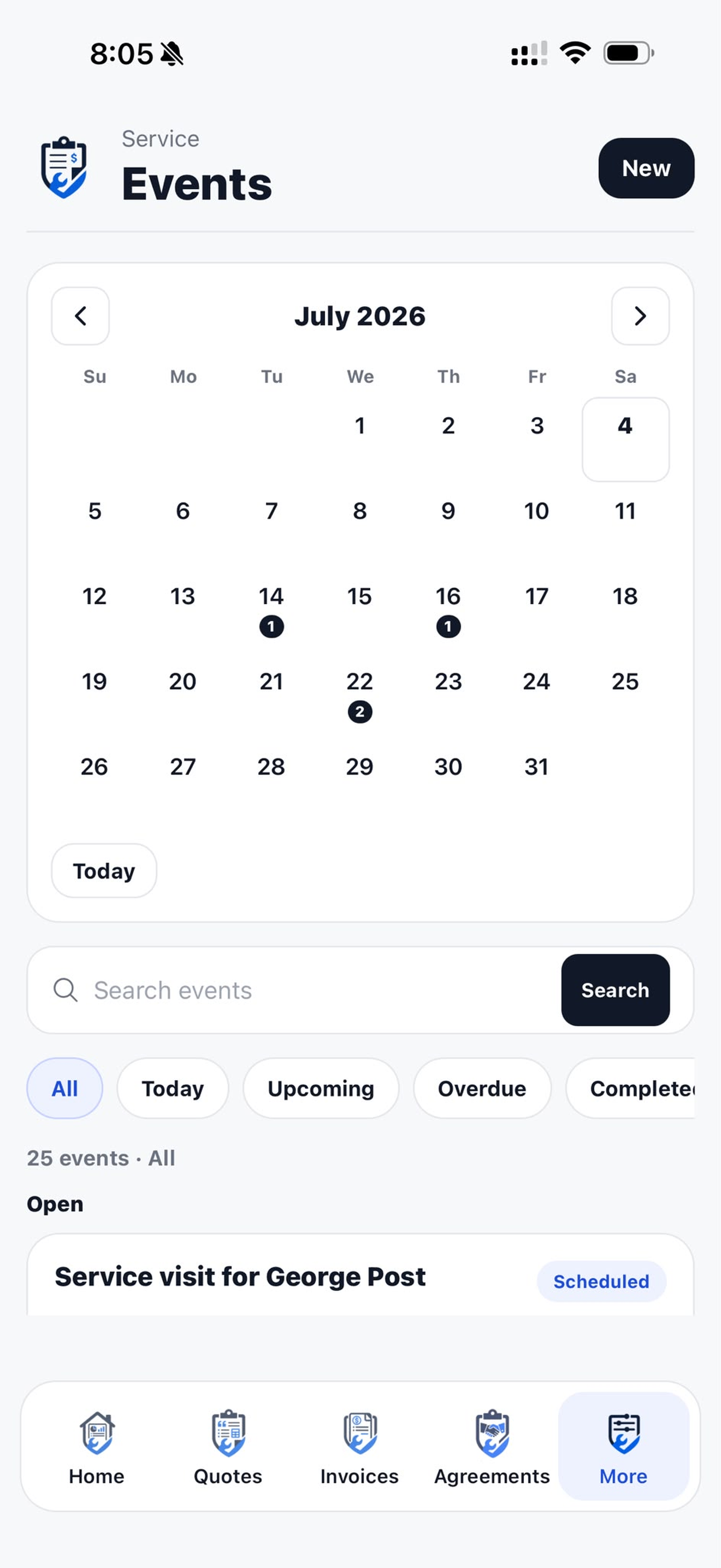 Events calendar with scheduled work