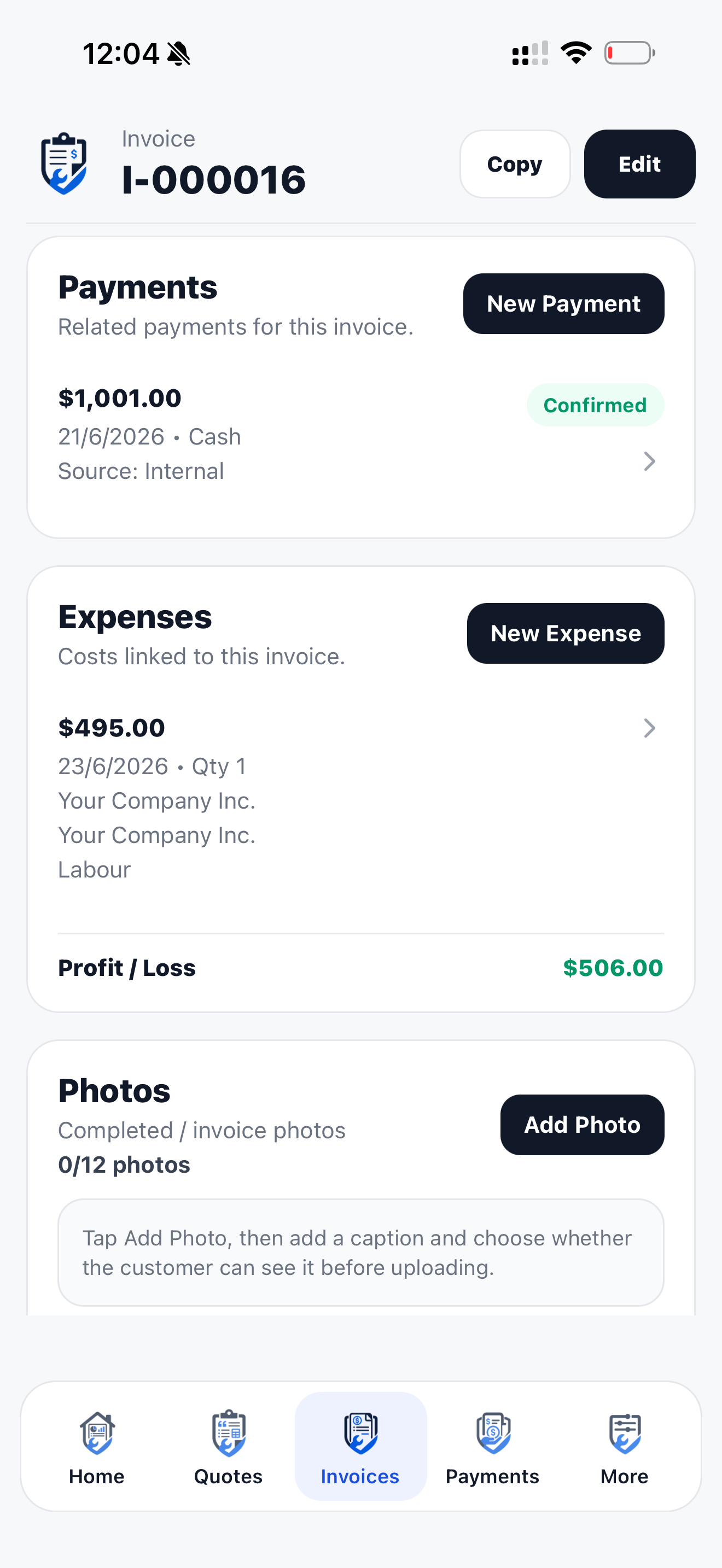 Job profit and expense summary