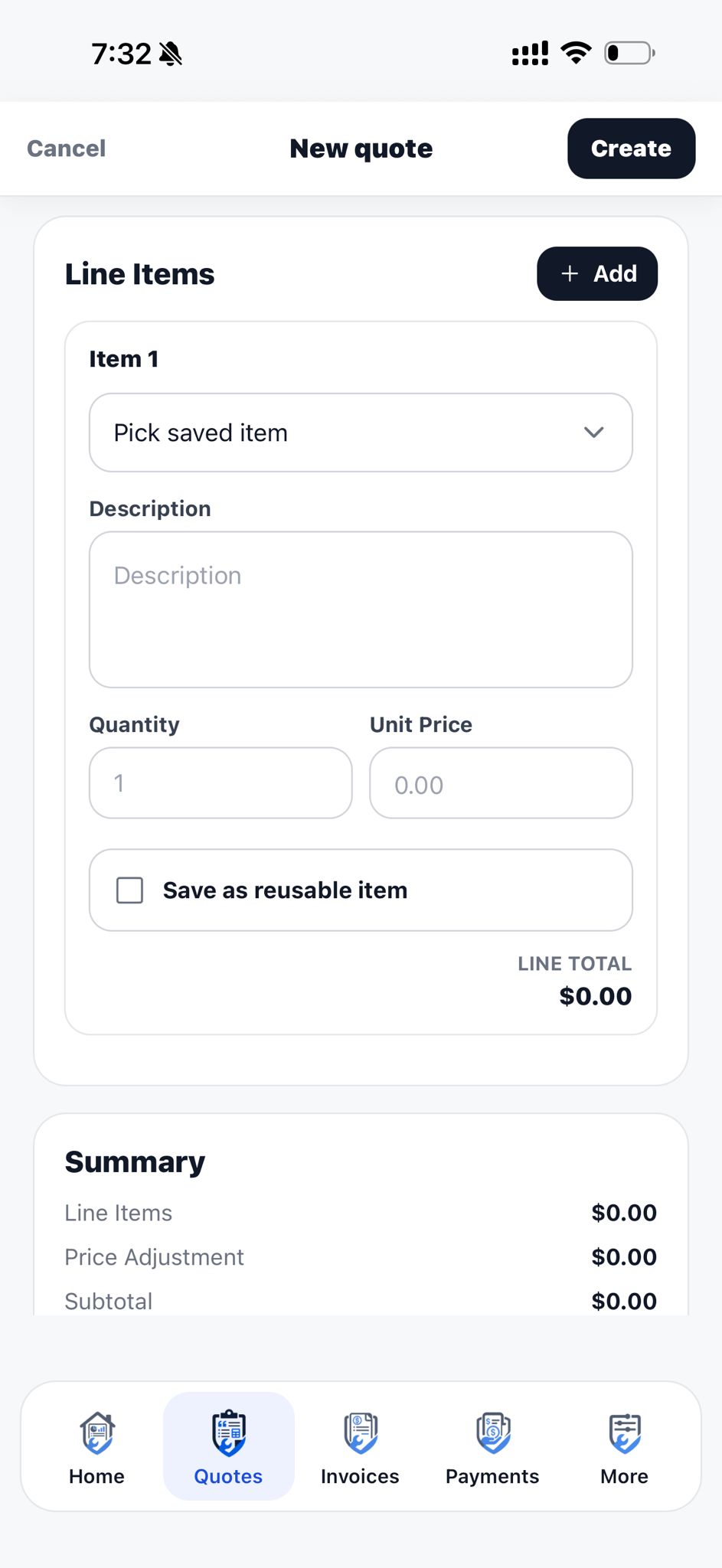 Quote builder with customer and line items